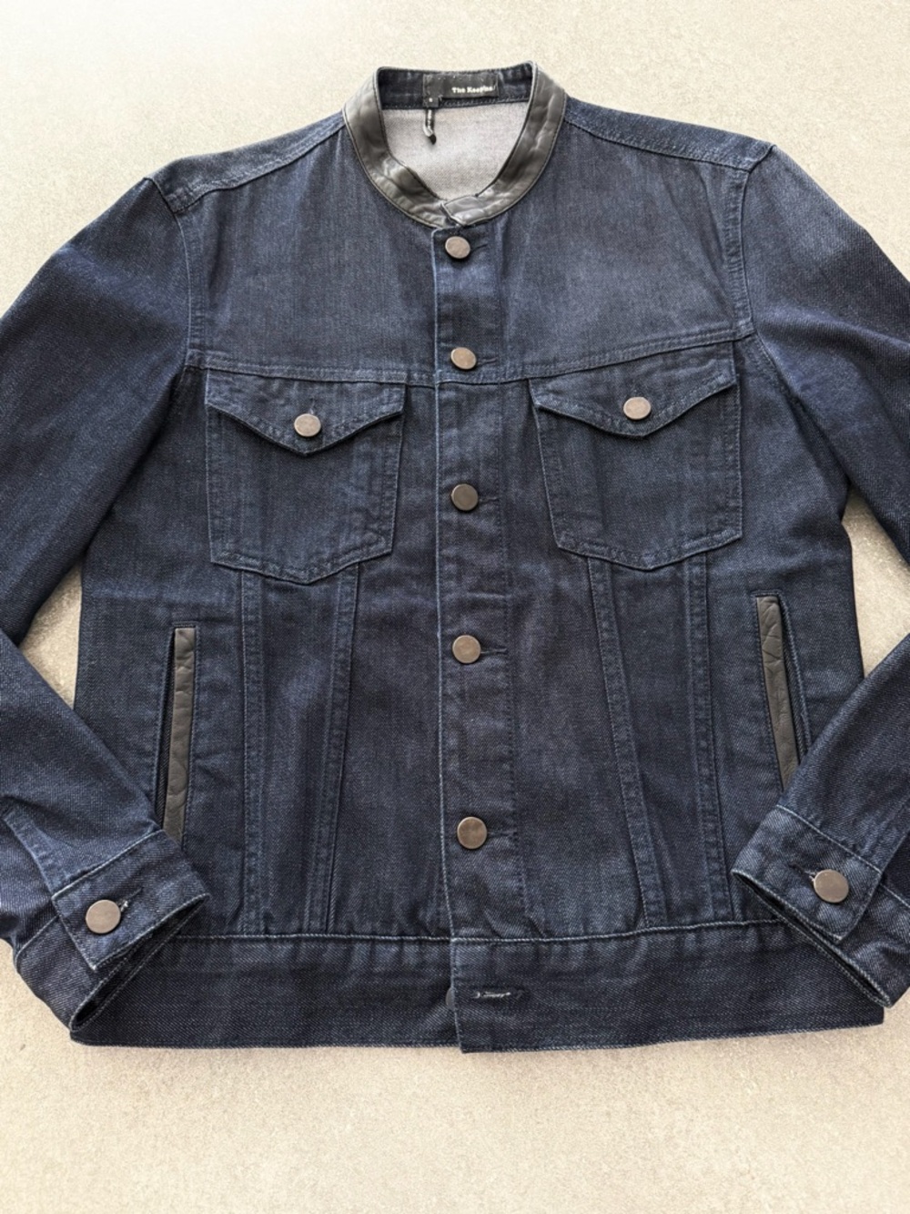 The Kooples Navy Denim Jacket with Black Leather Trim